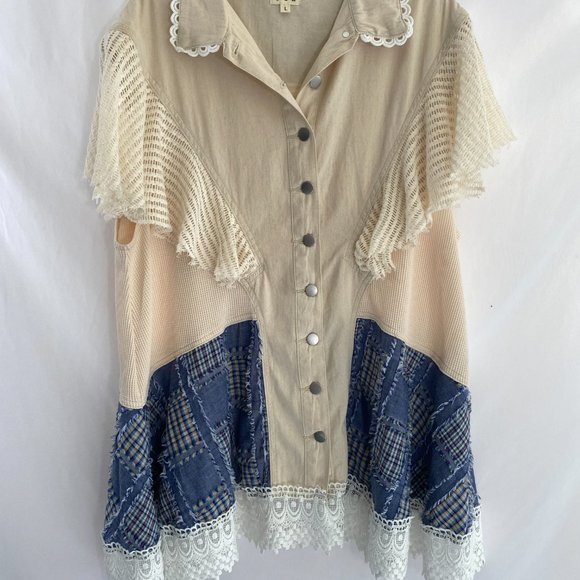 POL Bohemian Lacy White Blue Patchwork Dress Tunic Top NWOT Women's Size Large - Picture 12 of 15